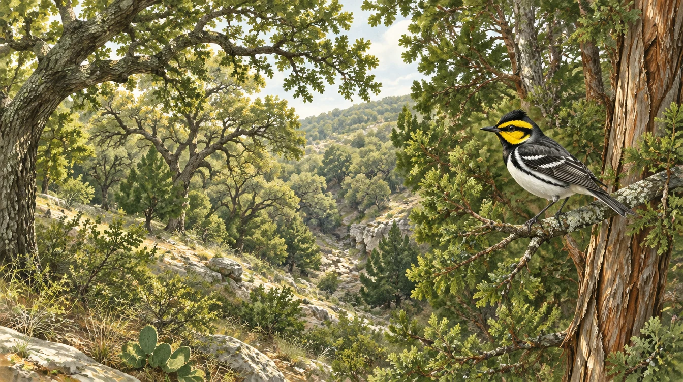 Illustration of a Golden-cheeked Warbler in mature oak–Ashe juniper woodland above a limestone ravine