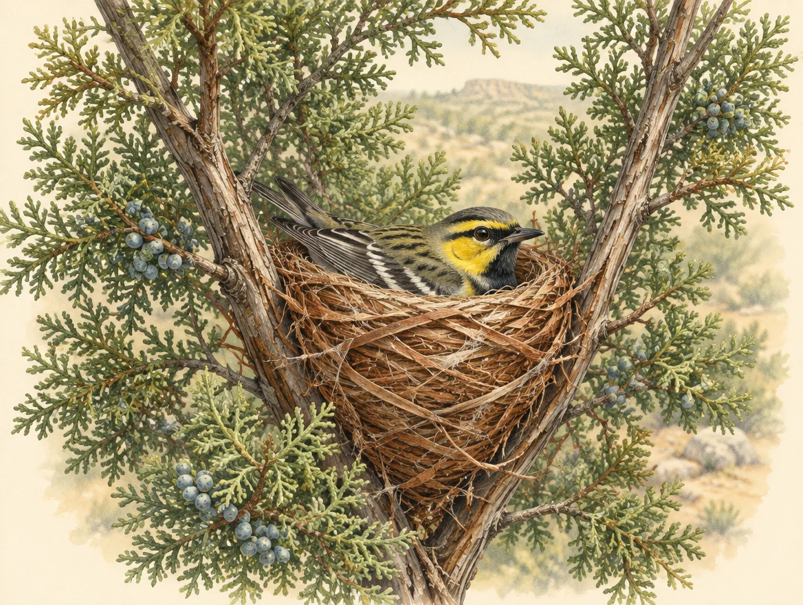 Illustration of a female Golden-cheeked Warbler incubating in a bark-strip cup nest supported by Ashe juniper branches