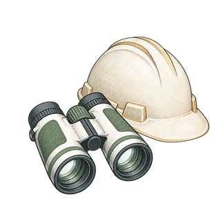 Illustration of a construction hard hat and field binoculars