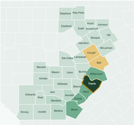 Map of the 35 Texas counties in the Golden-cheeked Warbler County Guide, with Travis County selected