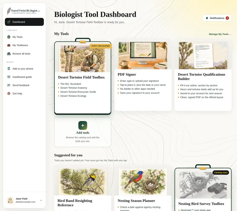 The Biologist Tool Dashboard home: My Tools with the Desert Tortoise Field Toolbox, PDF Signer and Desert Tortoise Qualifications Builder, then tools suggested for you