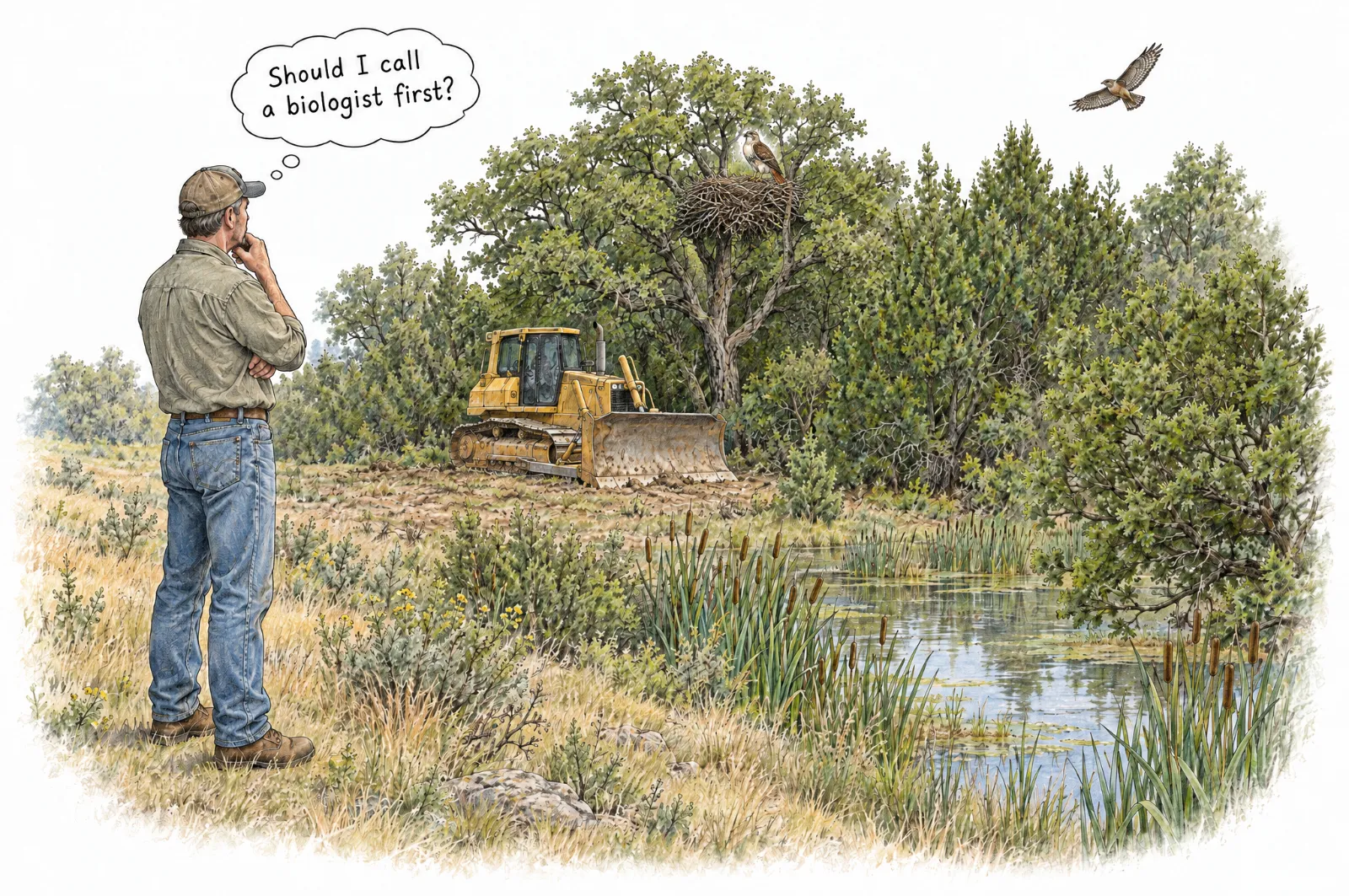 A landowner pauses at the edge of his property, wondering whether to call a biologist before a bulldozer clears woodland next to a wetland, with a red-tailed hawk on its nest in an oak.