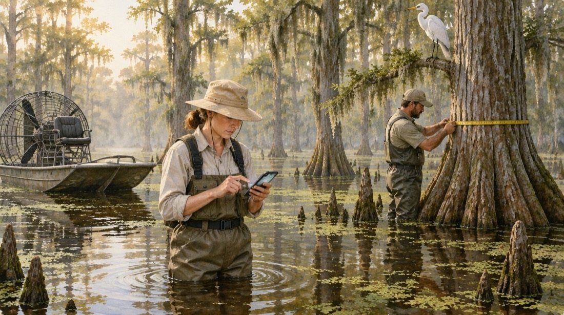 Painting of two biologists working in a cypress swamp, one checking a phone