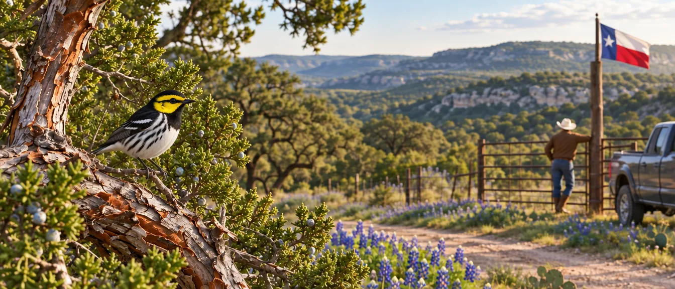 A Golden-cheeked Warbler perched in an Ashe juniper above a Hill Country ranch road lined with bluebonnets, with a rancher at the gate and a Texas flag