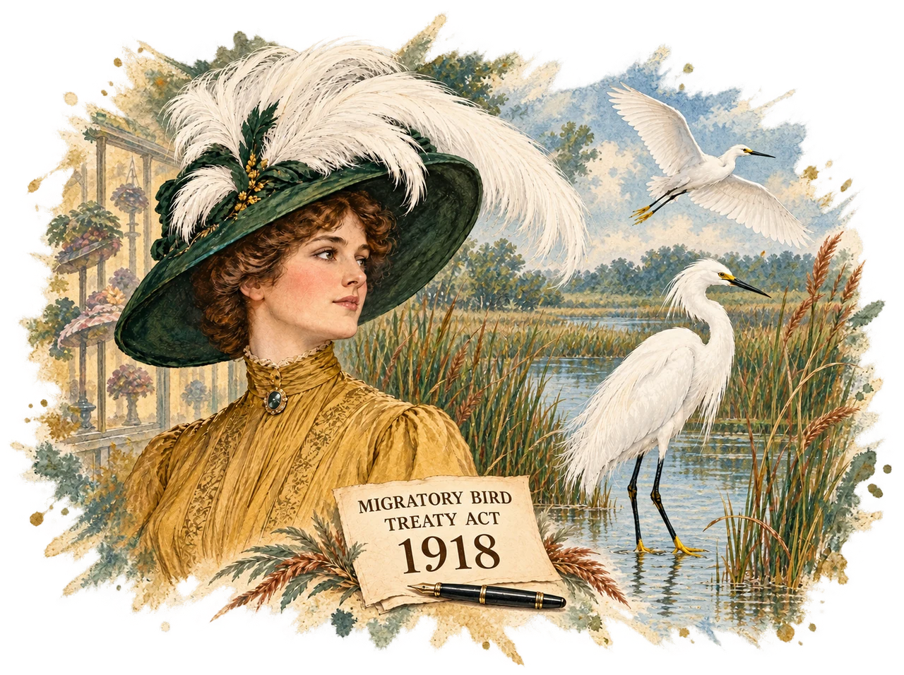 Historical-style illustration of an Edwardian woman wearing a hat with bird plumes, living snowy egrets in a marsh, and a document titled Migratory Bird Treaty Act, 1918.