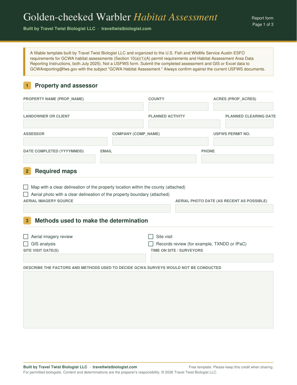 Page 1 of the Golden-cheeked Warbler habitat assessment form