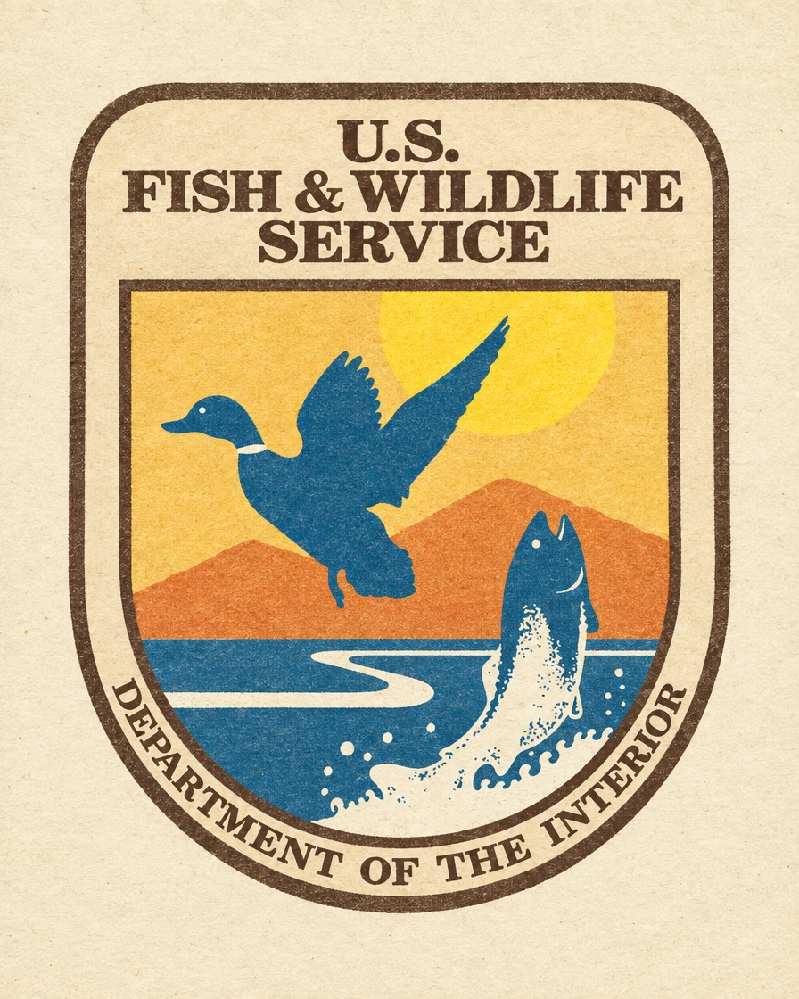 Vintage-style illustration of the U.S. Fish and Wildlife Service shield, with a flying bird, fish, mountains, and sun.
